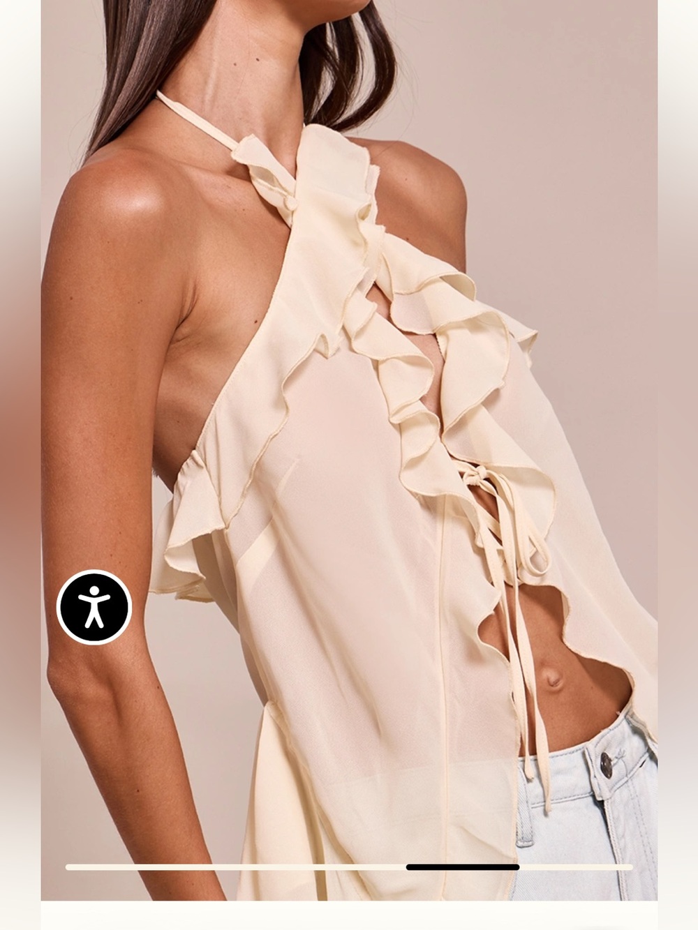 CREAM CHIFFON RUFFLE DRAPE DETAIL LONGLINE TOP - Picture 3 of 4
